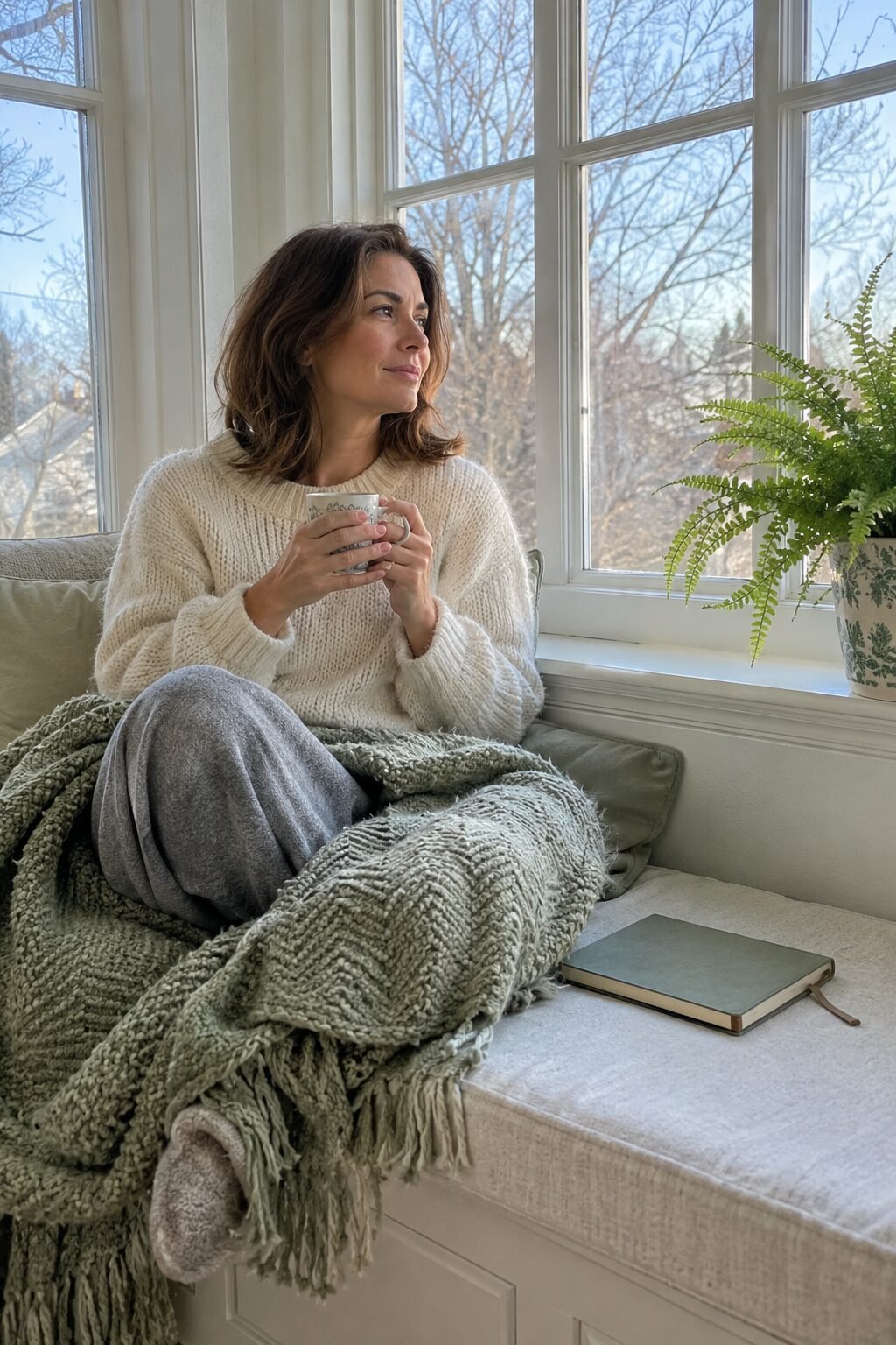 woman journaling quietly with a cup of tea on a window seat, protecting an unscheduled weekend