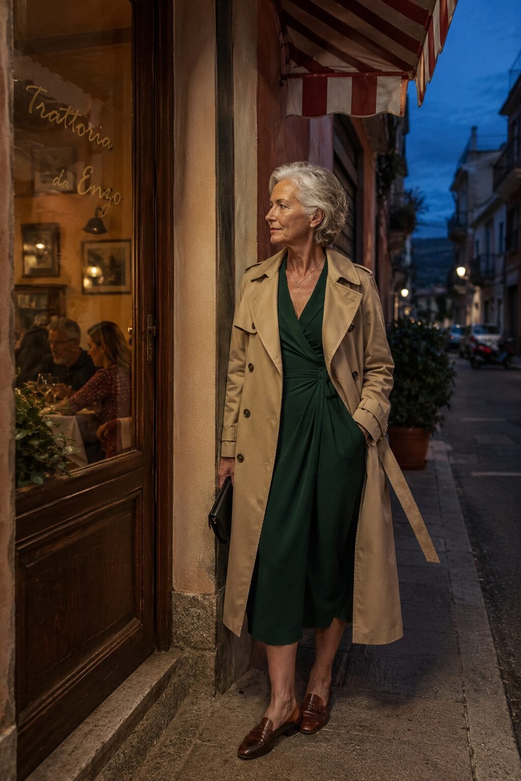 evening capsule wardrobe outfit for women in their 70s: deep green jersey wrap dress, beige trench coat and brown almond loafers for dinner