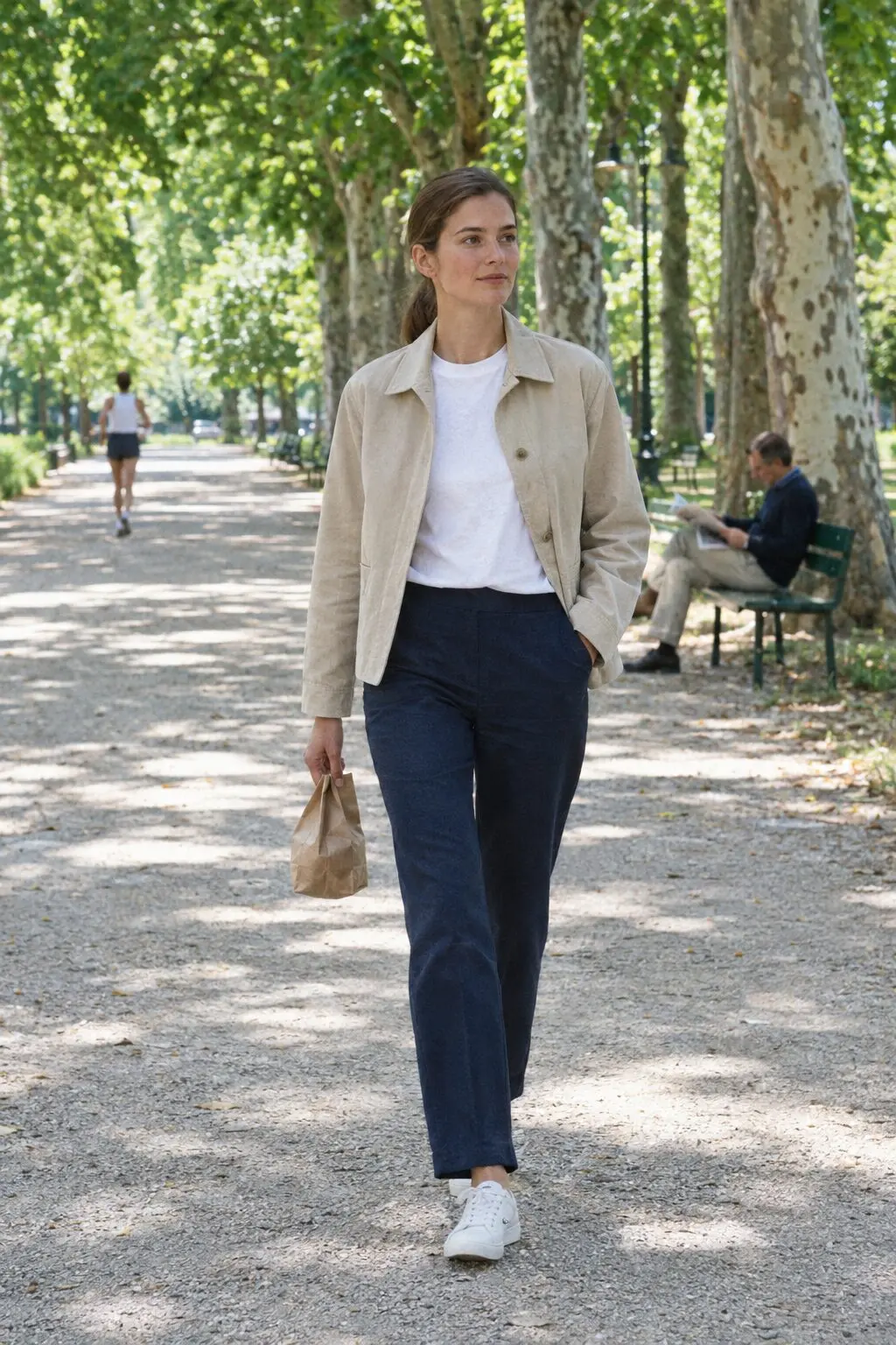 A woman in white sneakers and a light jacket walking along a tree-lined path at midday
