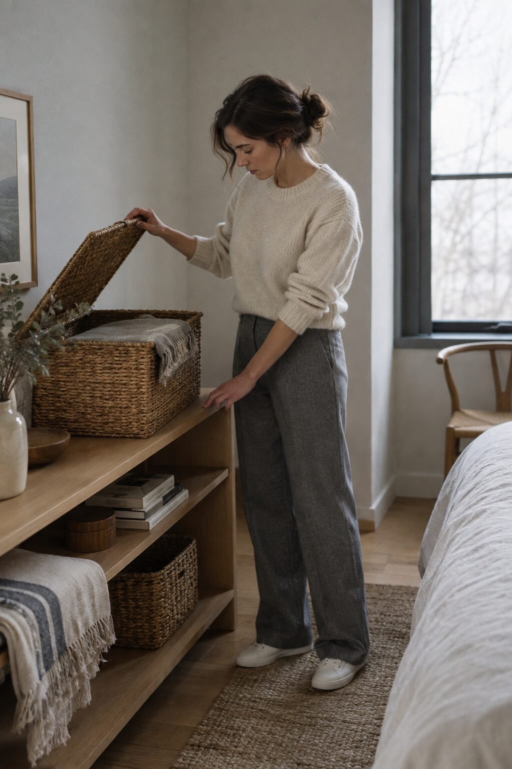 Woman lifting the lid of a woven basket in a bedroom, a folded linen throw inside and an orderly shelf behind her