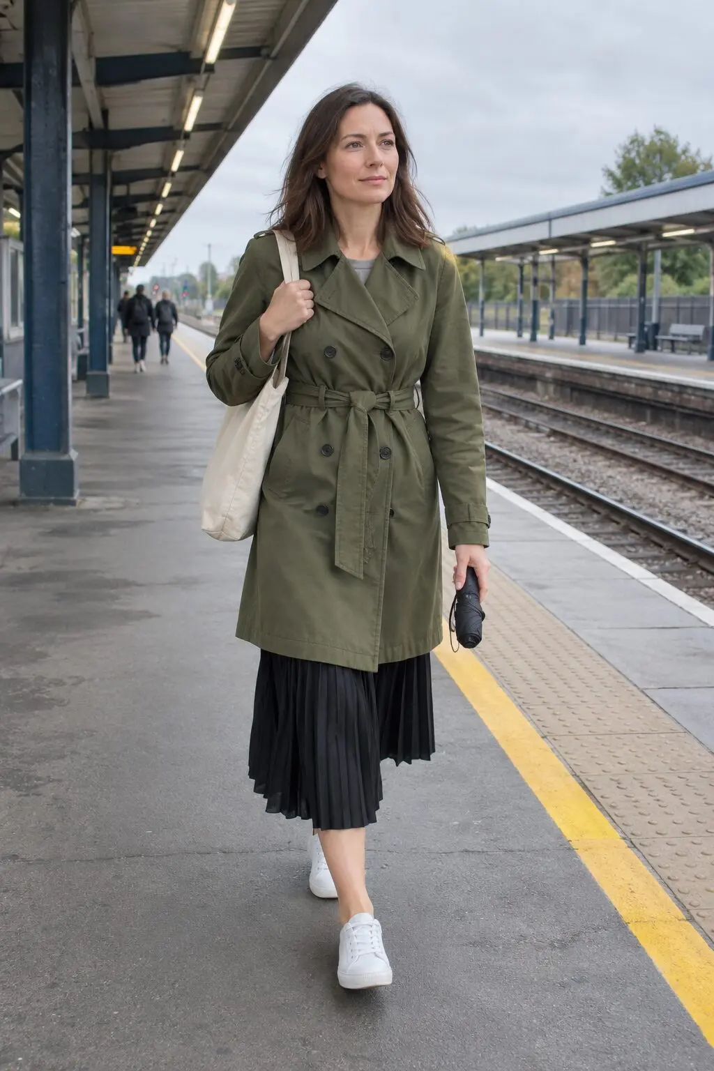 how to wear a midi skirt with a trench coat: olive green belted trench over a black pleated midi skirt with white leather sneakers