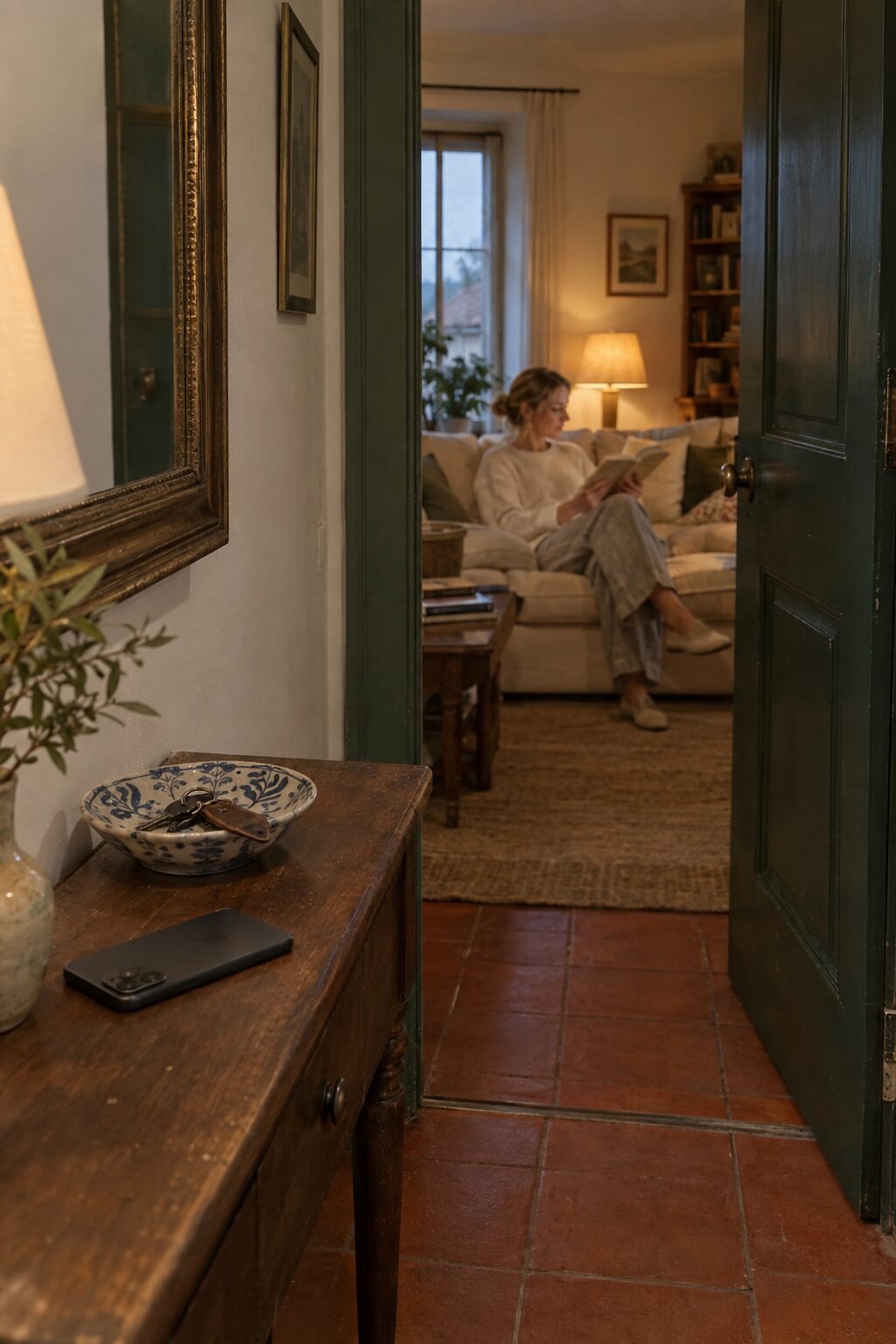 old money evening routine: a phone left on a hallway table while a woman relaxes in the next room