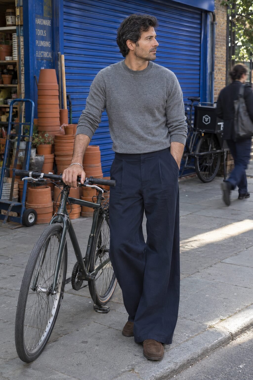 old money bracelet with chinos: silver curb chain bracelet and very wide-leg navy chinos