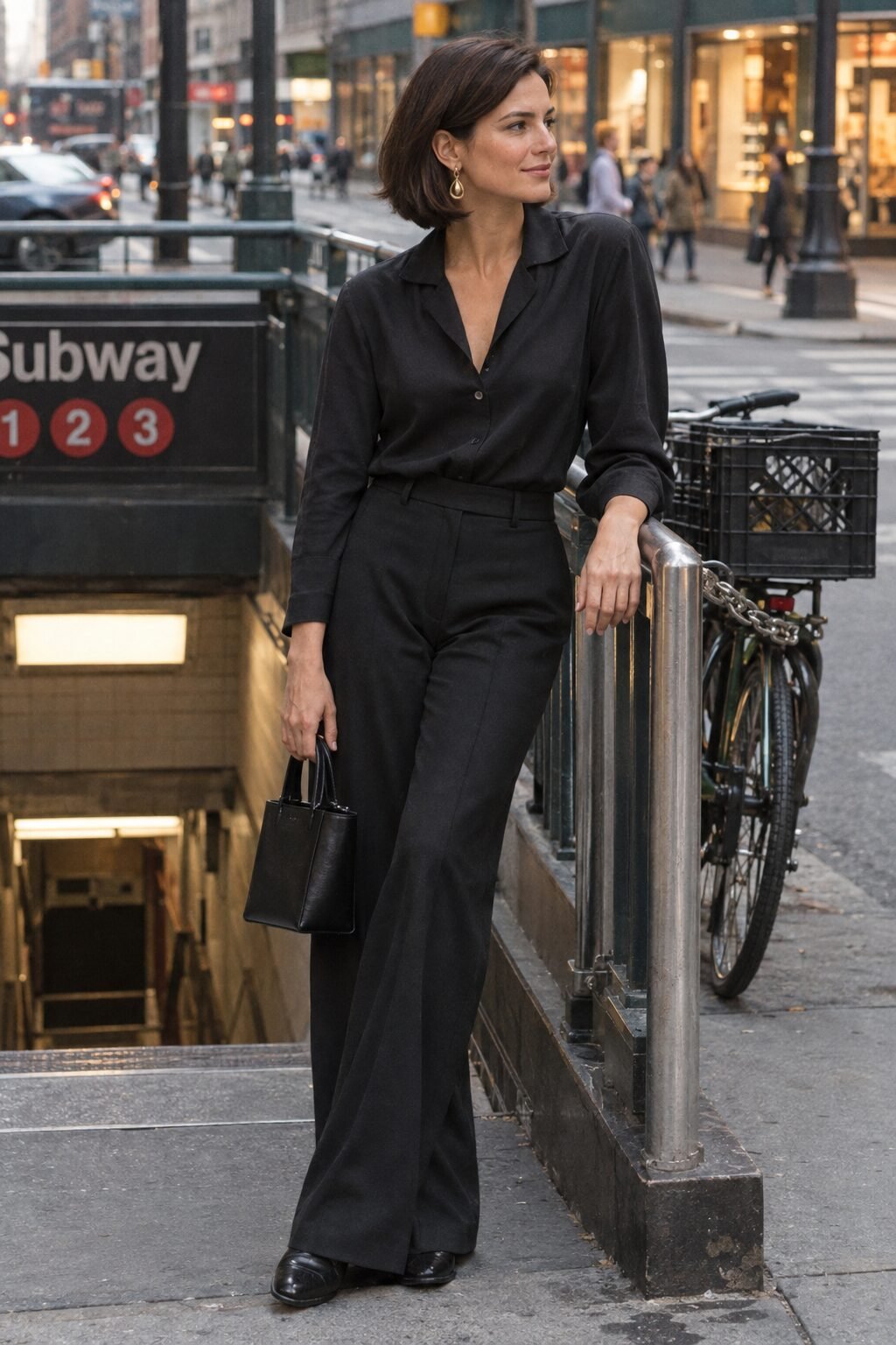 after-work happy hour outfit: black stretch silk blouse, wide-leg black trousers, gold drop earrings, and black leather mini tote