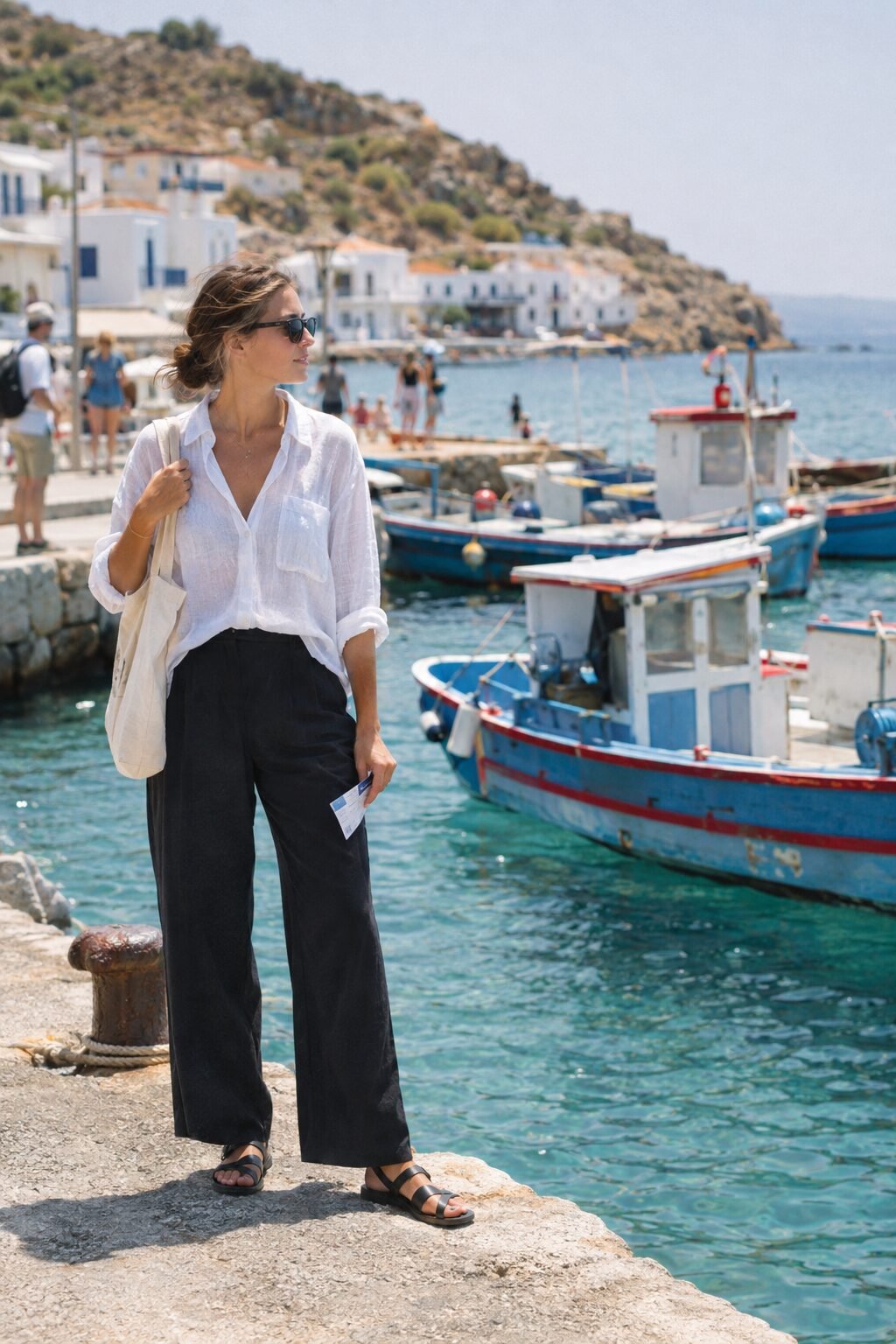 white double-gauze button-up shirt with black Tencel-cotton wide-leg pants, wrinkle resistant travel outfit