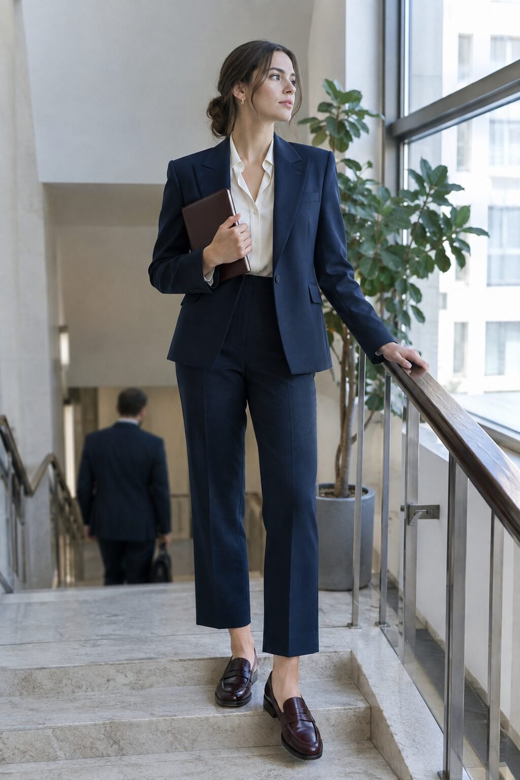 how to style an ivory silk blouse with a navy structured blazer for the office