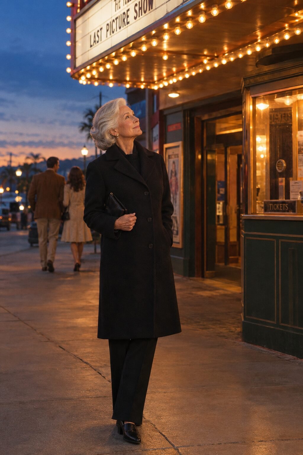 elegant evening outfit for a woman in her 70s: black wool-cashmere coat over black tailored trousers for the theater