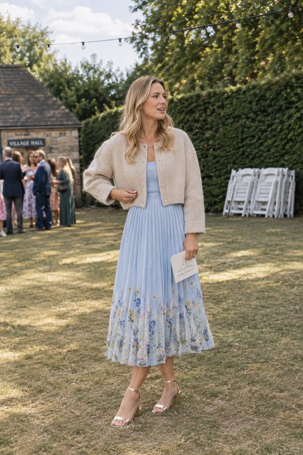 old money dress outfit: light blue pleated wildflower border midi dress with a cropped cashmere cardigan and soft gold heeled sandals