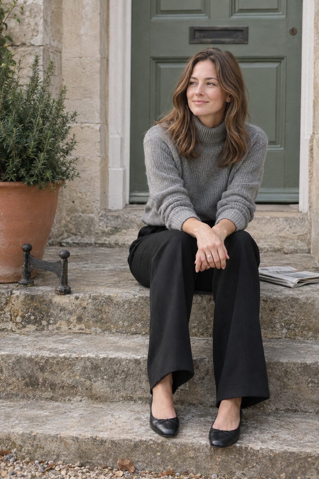 bride-to-be in a heather grey cashmere turtleneck and black wool trousers on old stone steps for a timeless save the date photo