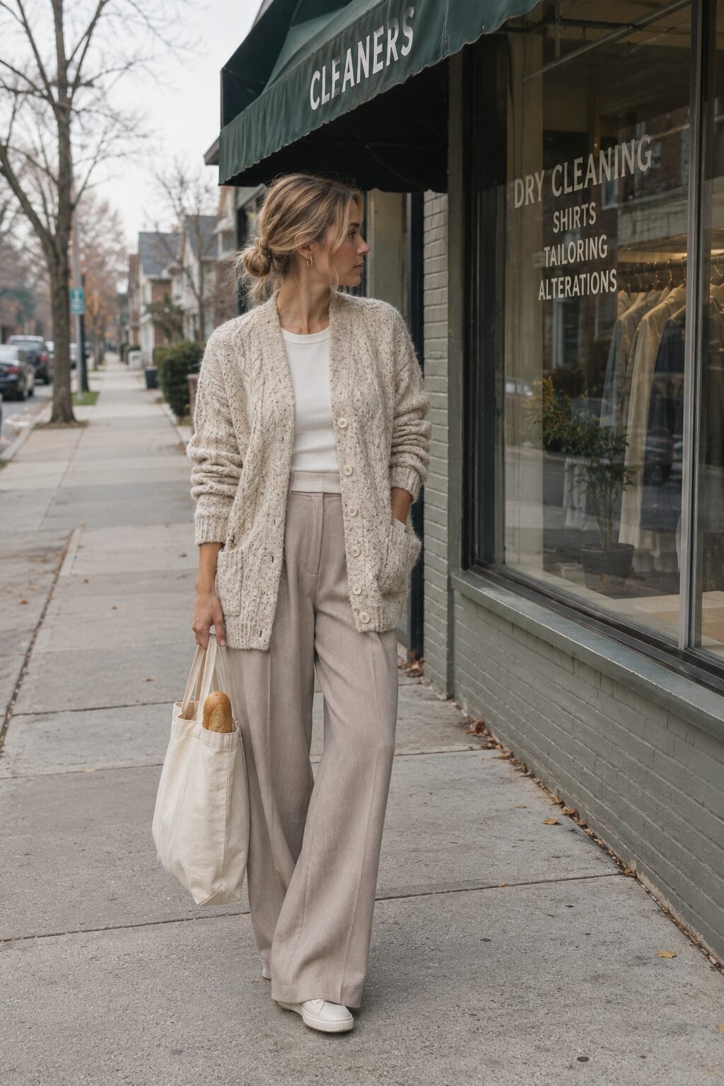 cozy dark academia fall outfit: oversized speckled beige cable cardigan over light taupe tailored wide-leg trousers