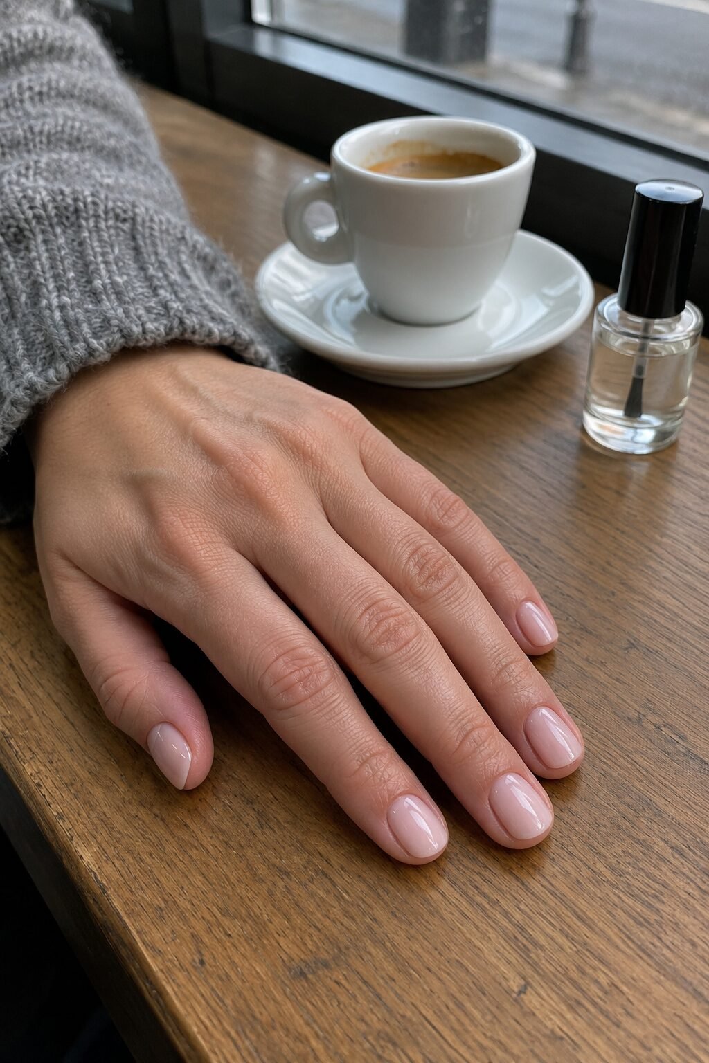 close-up of a relaxed hand with glossy milky pink nails on a cafe counter beside an espresso and a clear top coat bottle, a glassy top coat manicure