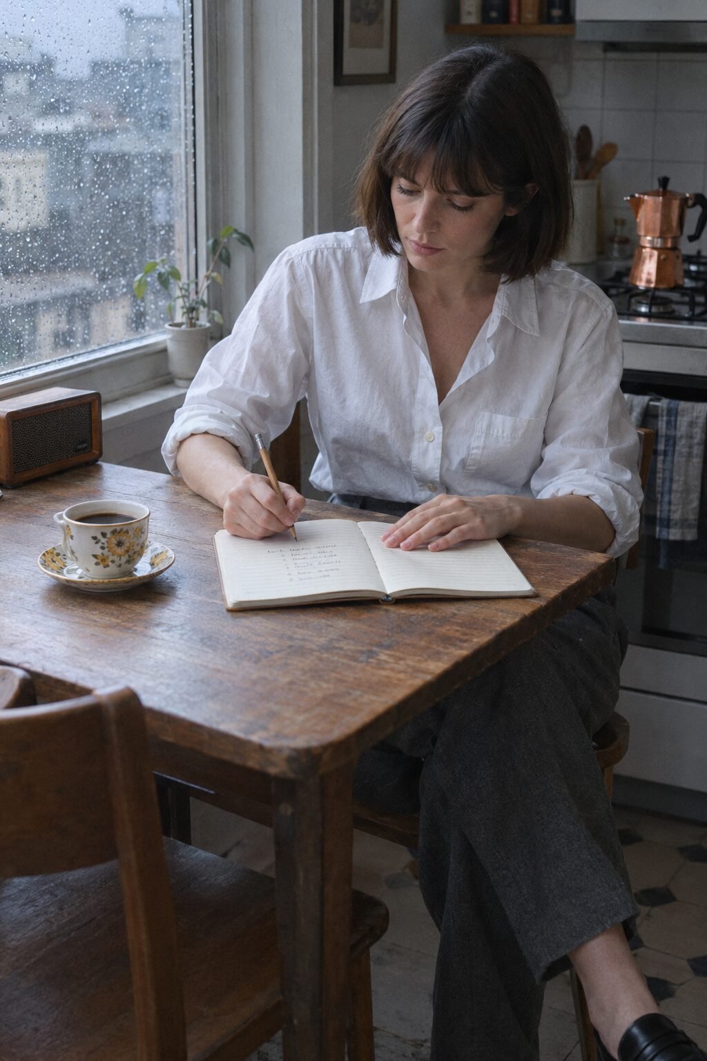 A woman in a white shirt writing a list in a notebook at a kitchen table beside a cup of coffee
