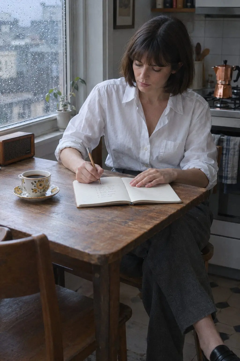 A woman in a white shirt writing a list in a notebook at a kitchen table beside a cup of coffee
