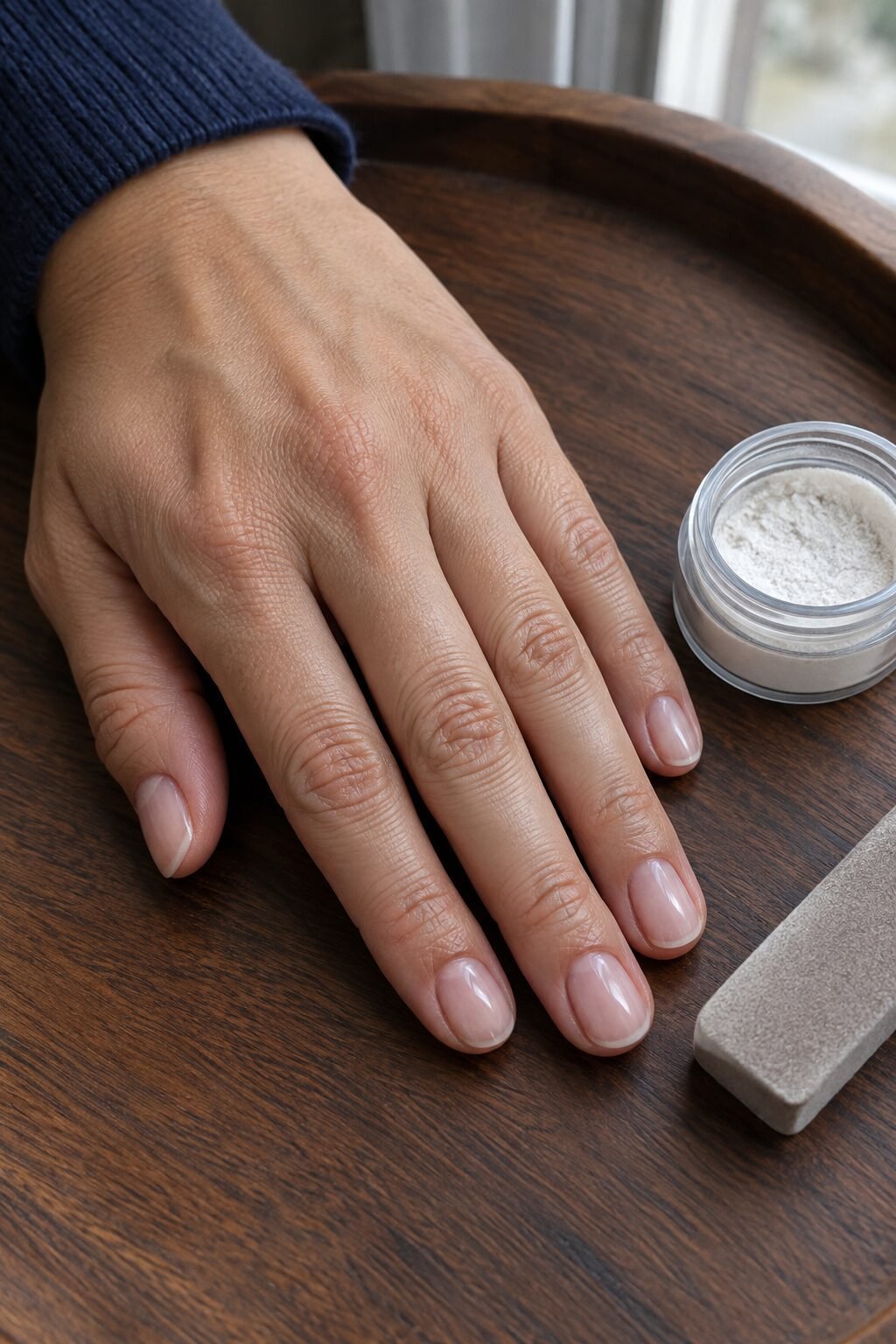 close-up of bare nails with a high pearly natural shine resting on a walnut tray beside a small pot of white powder