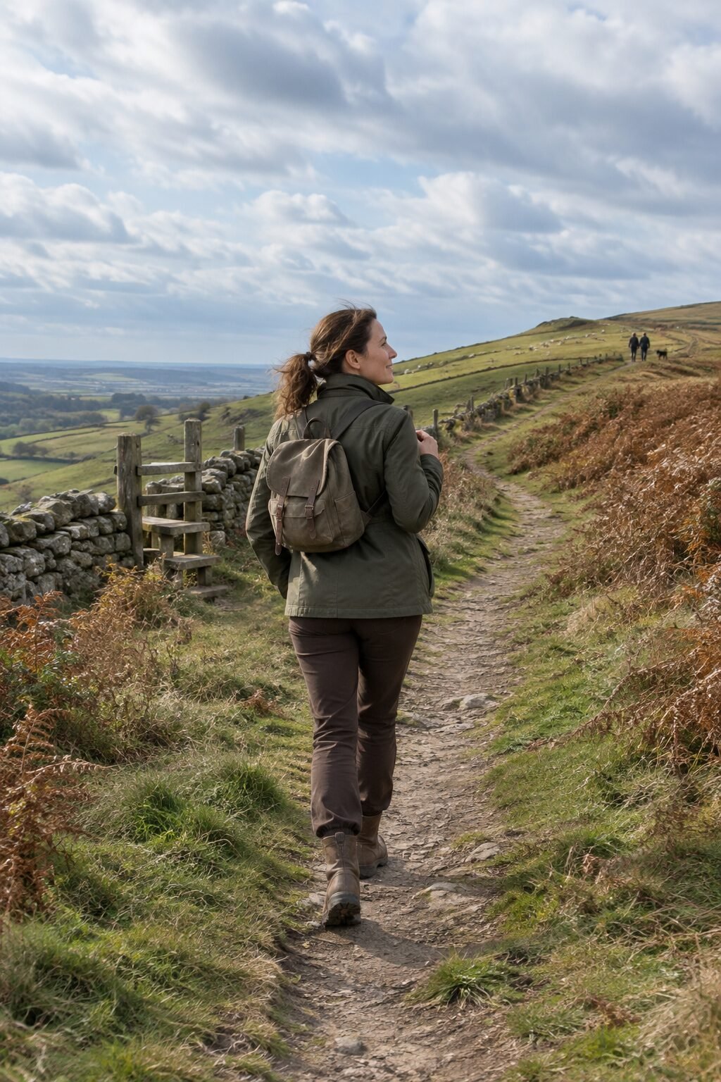 a woman in a waxed jacket and worn leather hiking boots walking a familiar grassy hill trail with a small canvas backpack