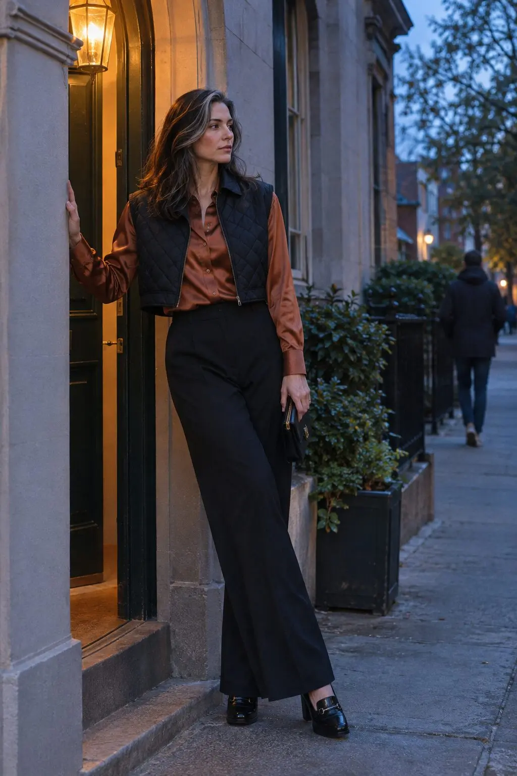 how to style a quilted vest with a silk blouse: black quilted vest over a burnt sugar silk shirt and black wide-leg trousers