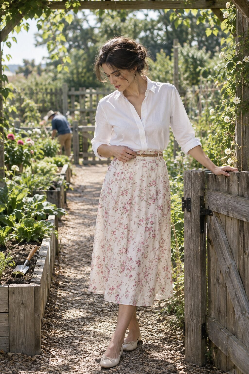 how to style a white button-down: white shirt belted and tucked into a soft pink floral midi skirt with kitten heels