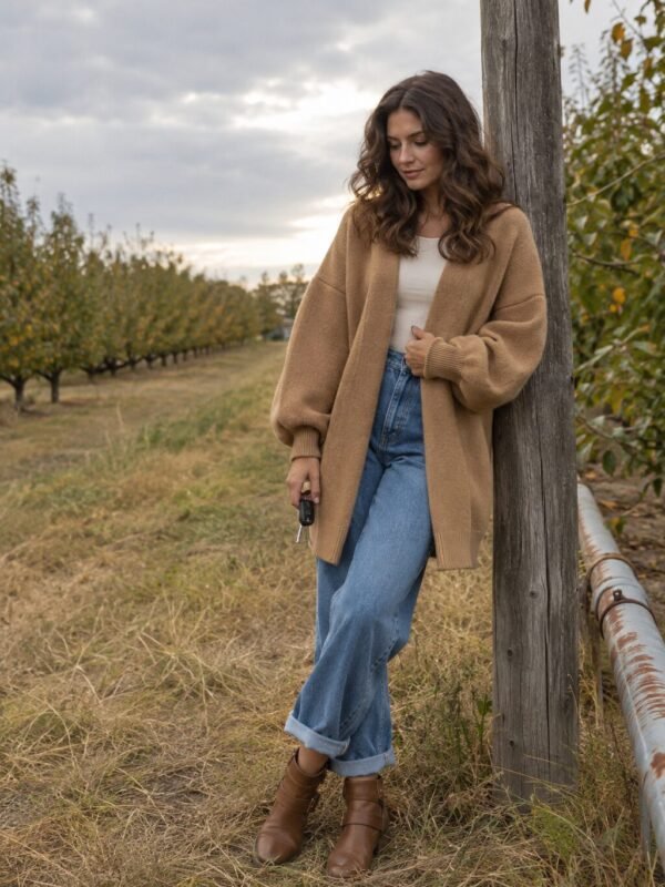 Apple picking outfit: camel cardigan + cuffed wide-leg jeans + cognac boots