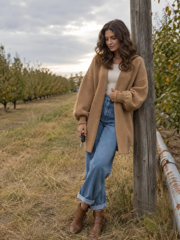 Apple picking outfit: camel cardigan + cuffed wide-leg jeans + cognac boots