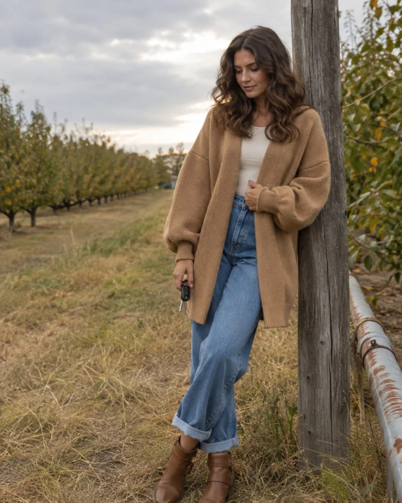 Camel Cardigan, Cuffed Denim