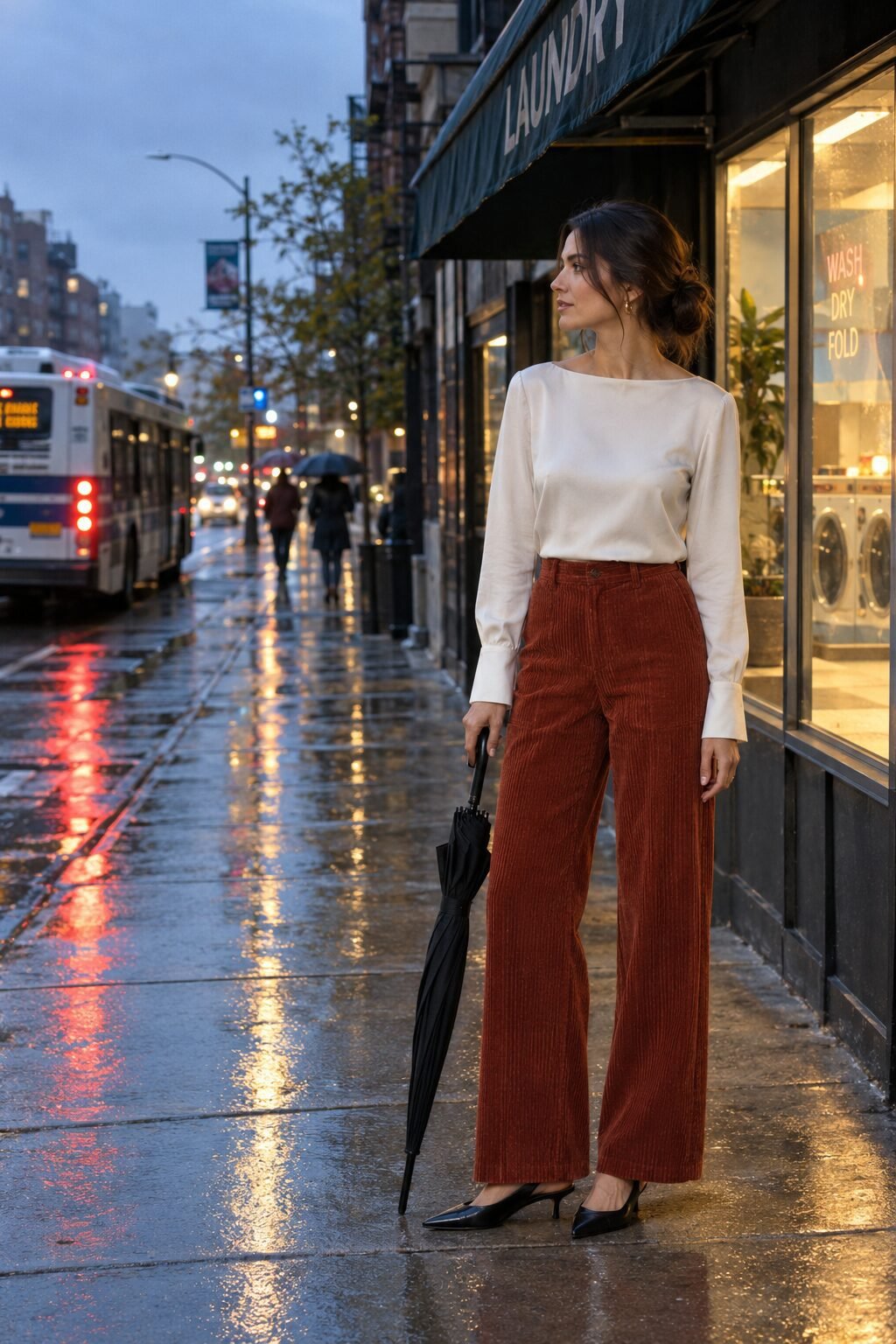 how to style corduroy pants with a natural white silk blouse, brick red wide-leg corduroy pants and black slingback pumps