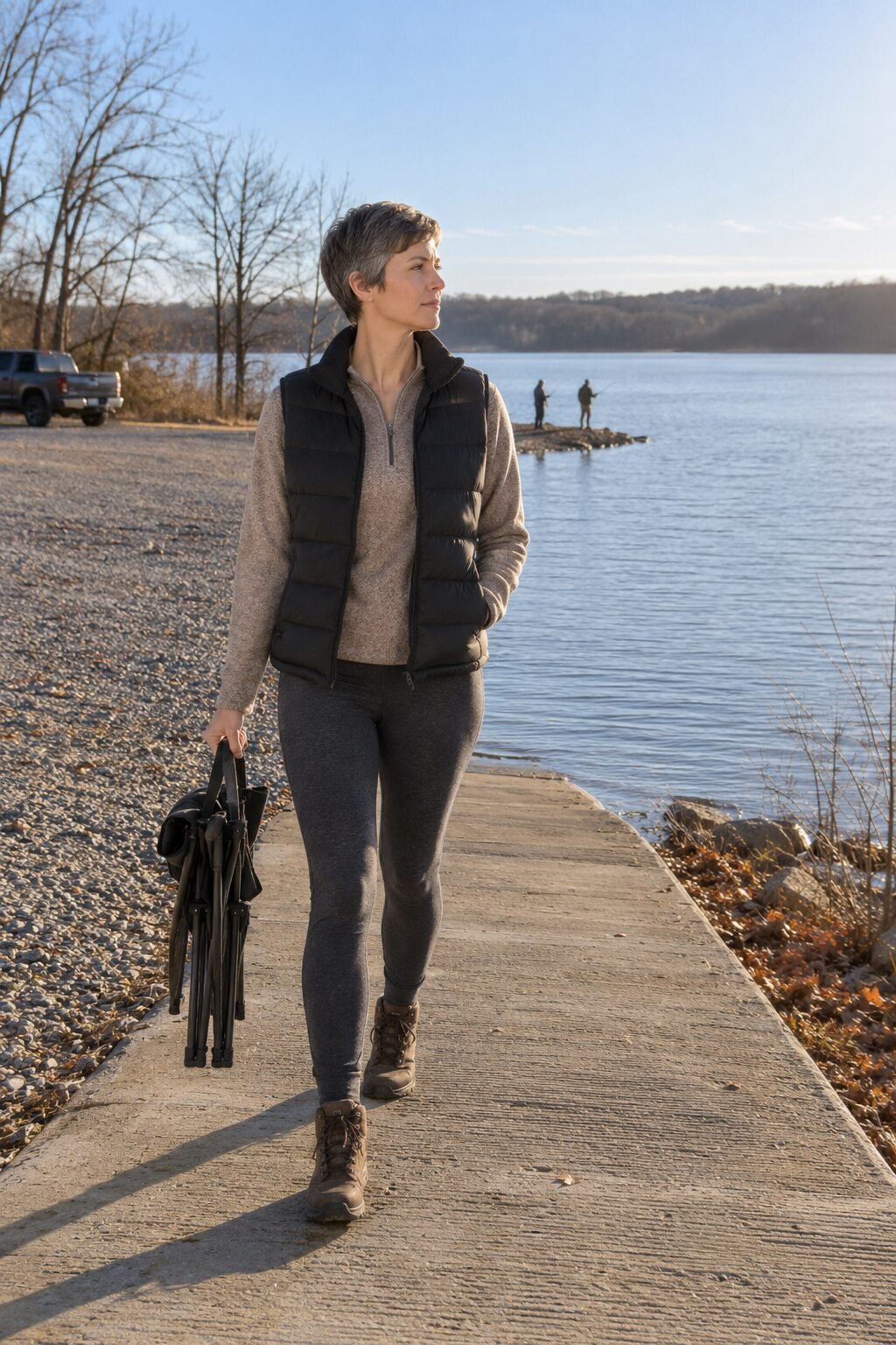 woman in a black puffer vest, taupe merino half-zip sweater and dark gray thermal leggings for a lakeside bonfire