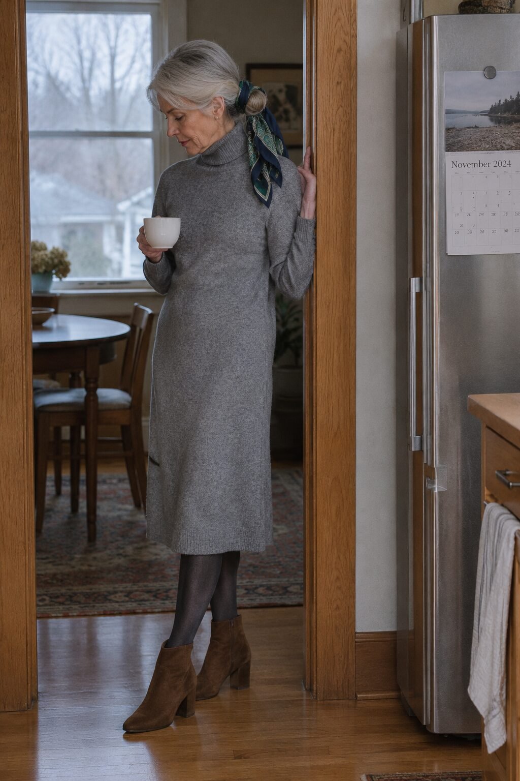how to style a silk scarf wrapped around a low chignon with a heather gray cashmere turtleneck dress and brown suede ankle boots