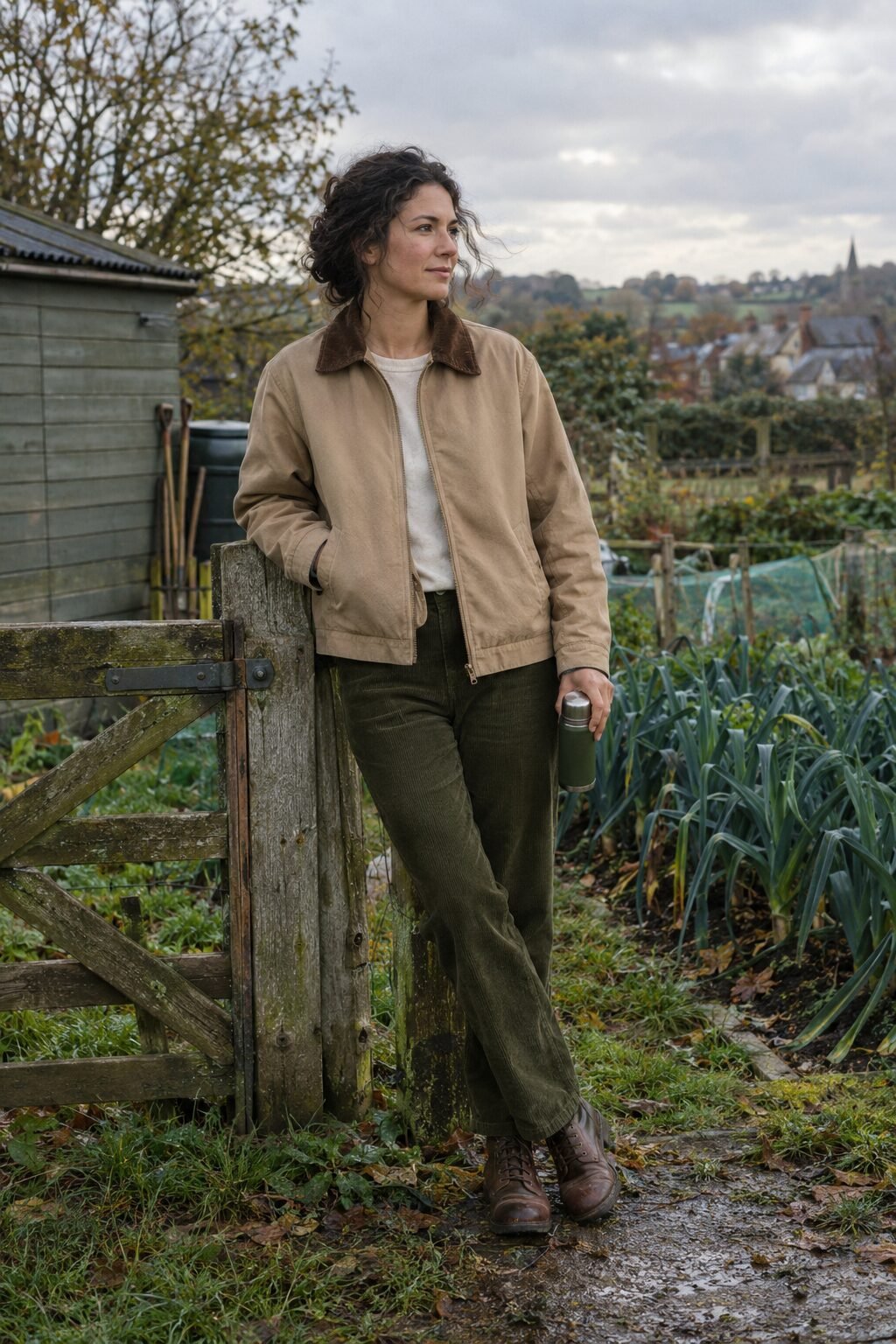 coastal grandmother fall outfit: beige zip jacket with corduroy collar and olive corduroy straight-leg pants
