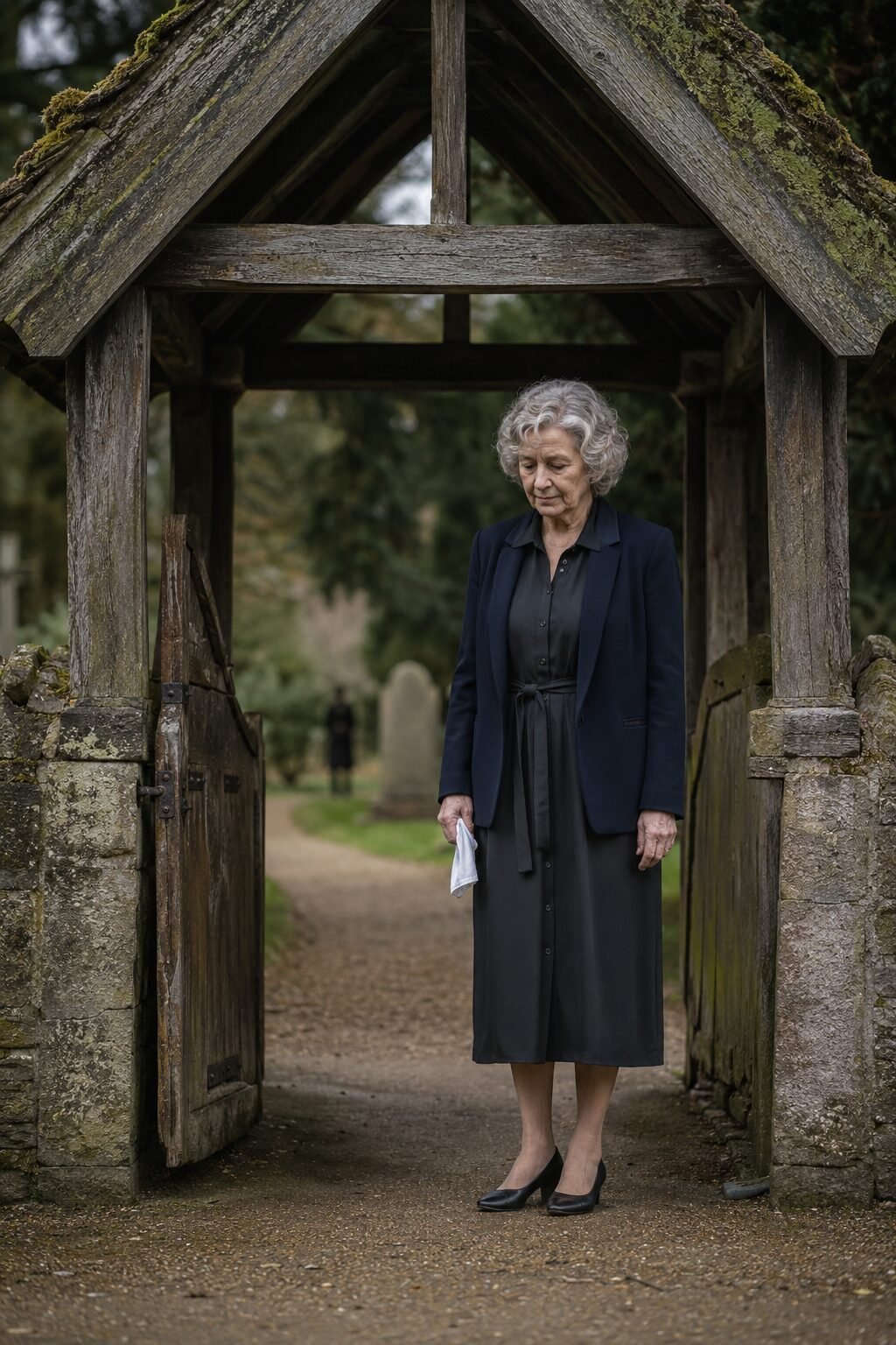 respectful funeral service church outfit for women over 70: black cotton poplin shirt dress with a navy ponte blazer