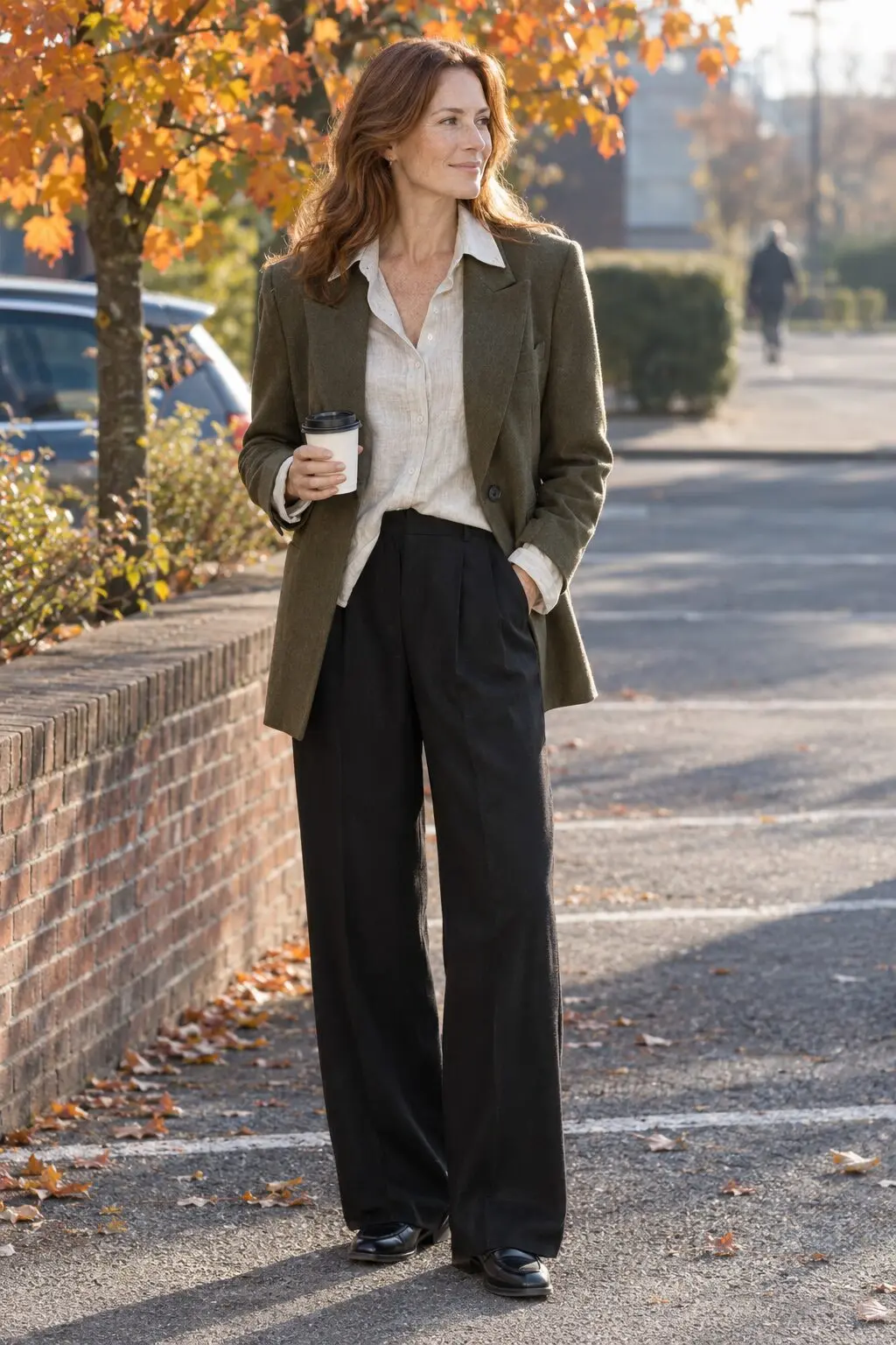 how to style a linen shirt with the collar open under an olive wool blazer with black wool trousers