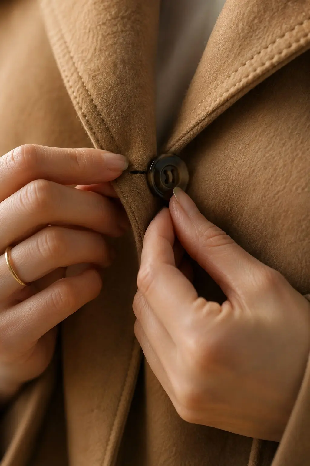 close up of hands fastening the horn button on a camel wool coat