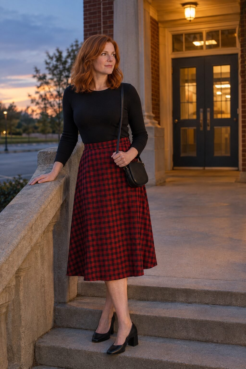 open house teacher outfit: red and black plaid midi skirt with black block heel pumps