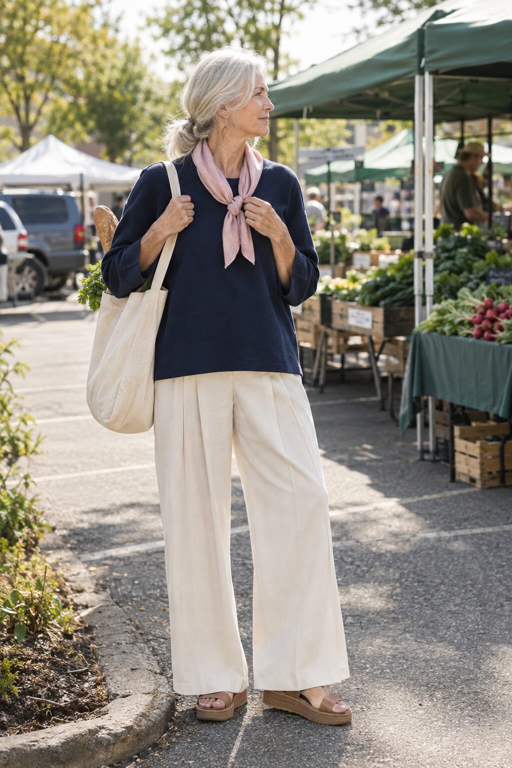 how to style a tunic for women in their 70s: navy crewneck tunic with a soft pink knotted scarf and ivory trousers