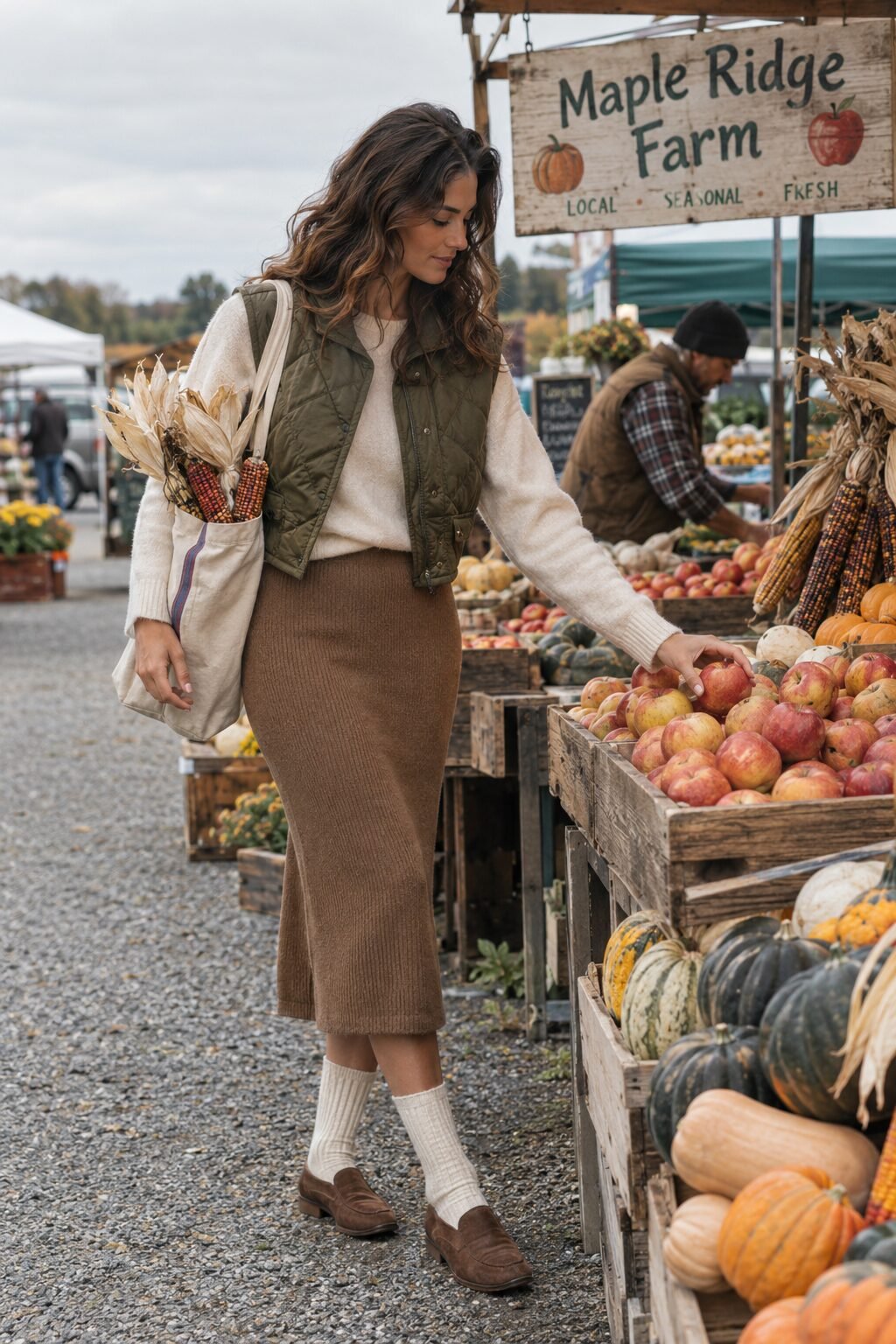 old money countryside fall outfit: teak brown cashmere midi skirt and off-white cashmere sweater at a farmers market