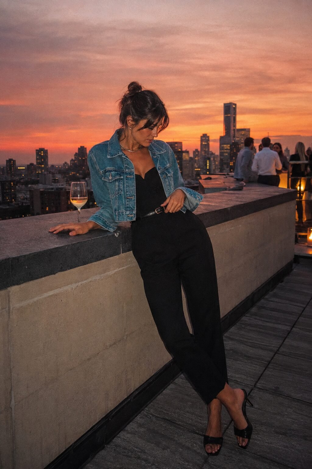 woman wearing a cropped denim jacket over a black tailored jumpsuit with a heeled mule for a transitional day-to-night outfit