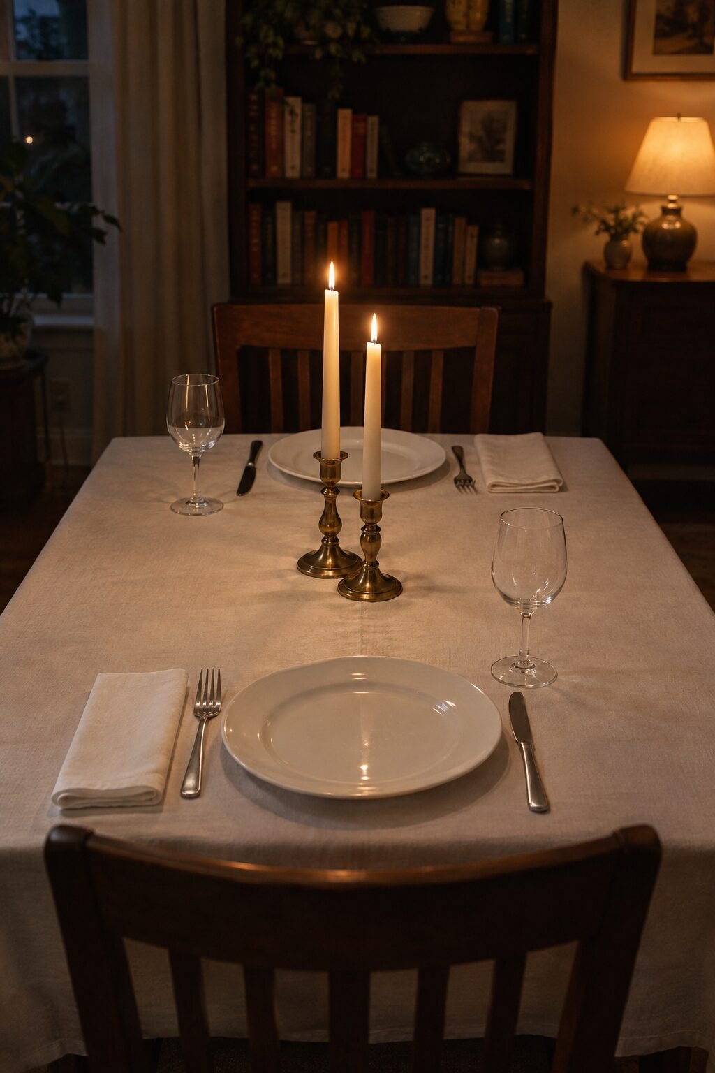 date night table setting at home with two unscented oat taper candles glowing in antique brass holders