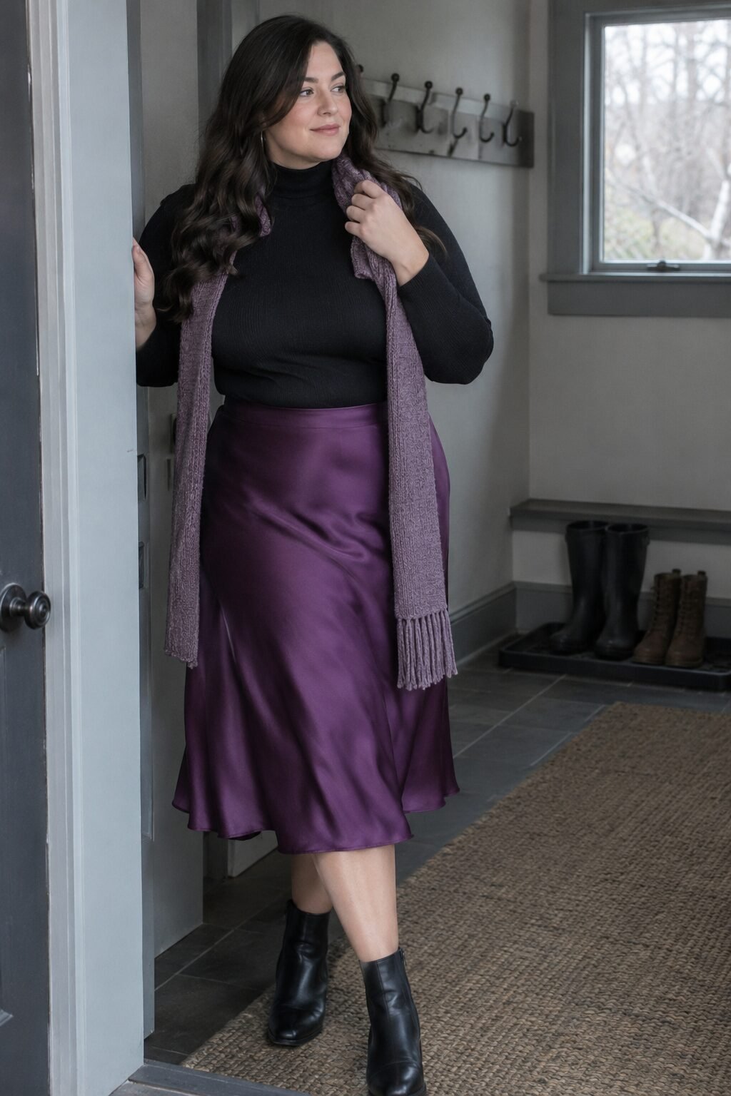 plus size halloween outfit: deep orchid silk skirt with a black turtleneck