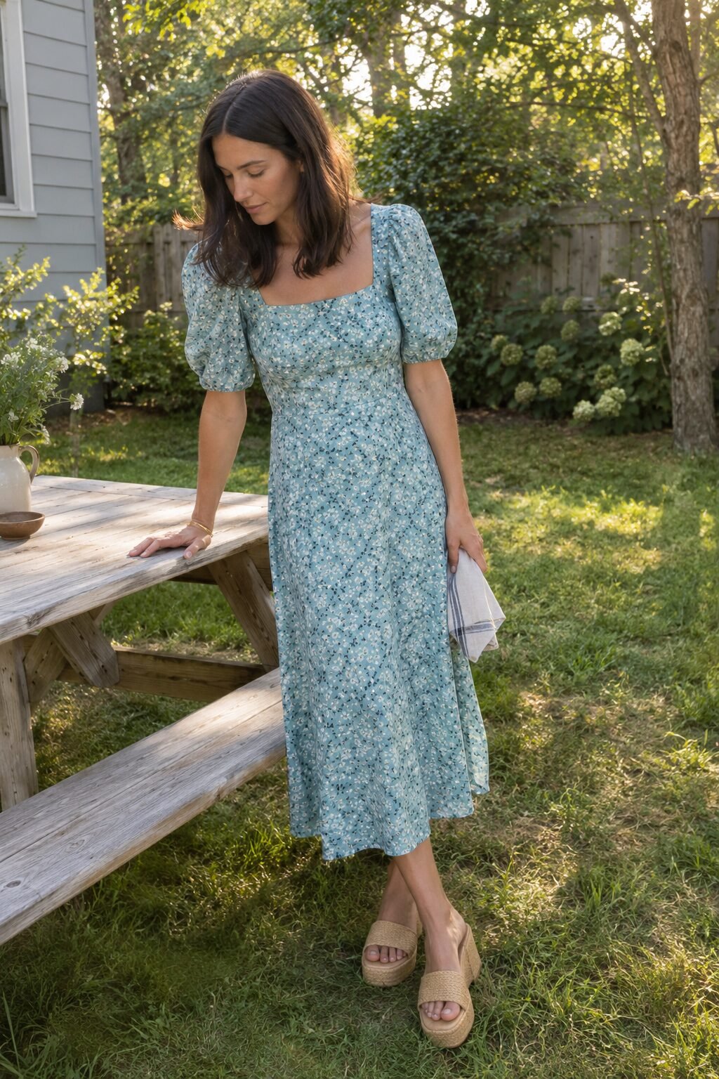 wedding guest outfit with gold bracelet: blue-green floral puff-sleeve midi dress and raffia platform sandals for a backyard wedding