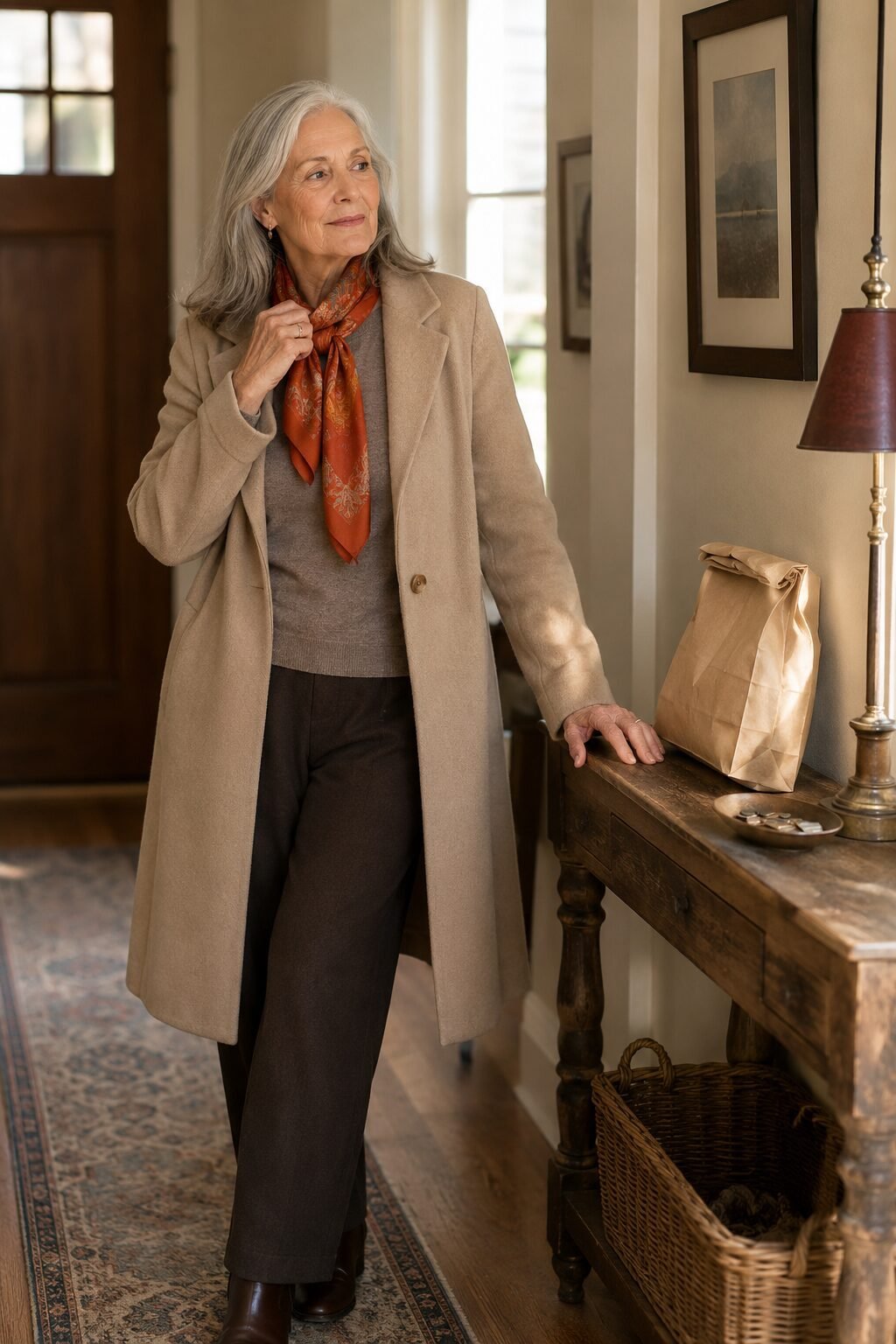 a bold color accessory against a neutral beige outfit, fashion mistakes older women make
