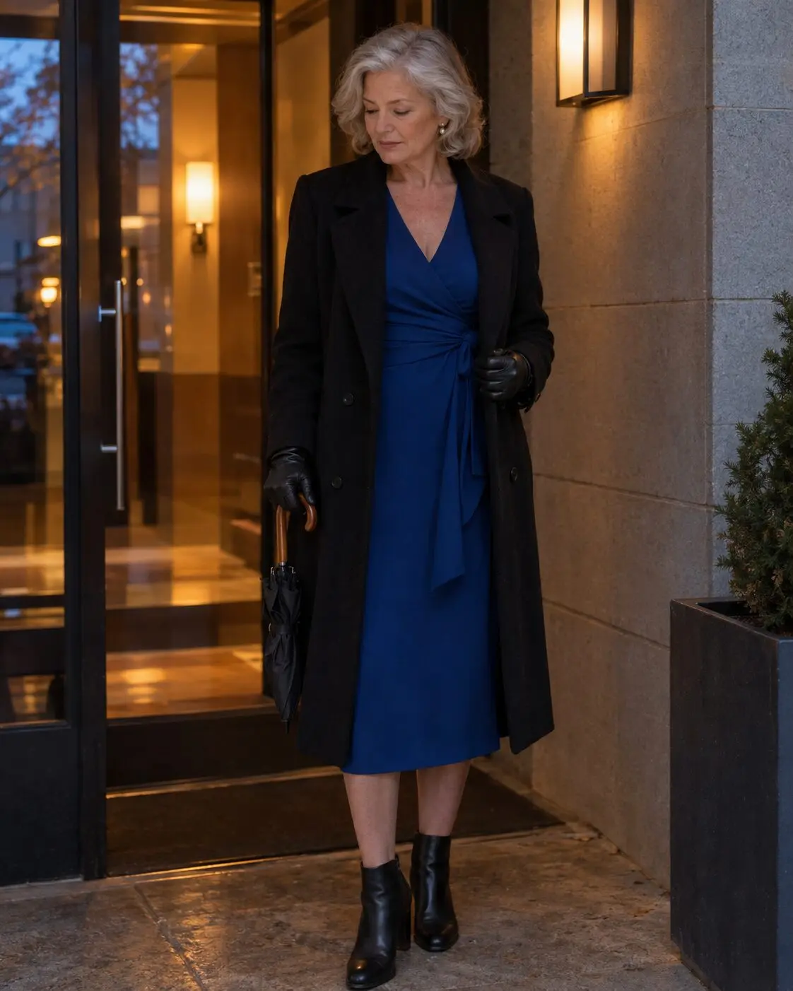 how to style a wrap dress for women in their 70s: navy wrap dress under an open black structured wool coat with black ankle booties