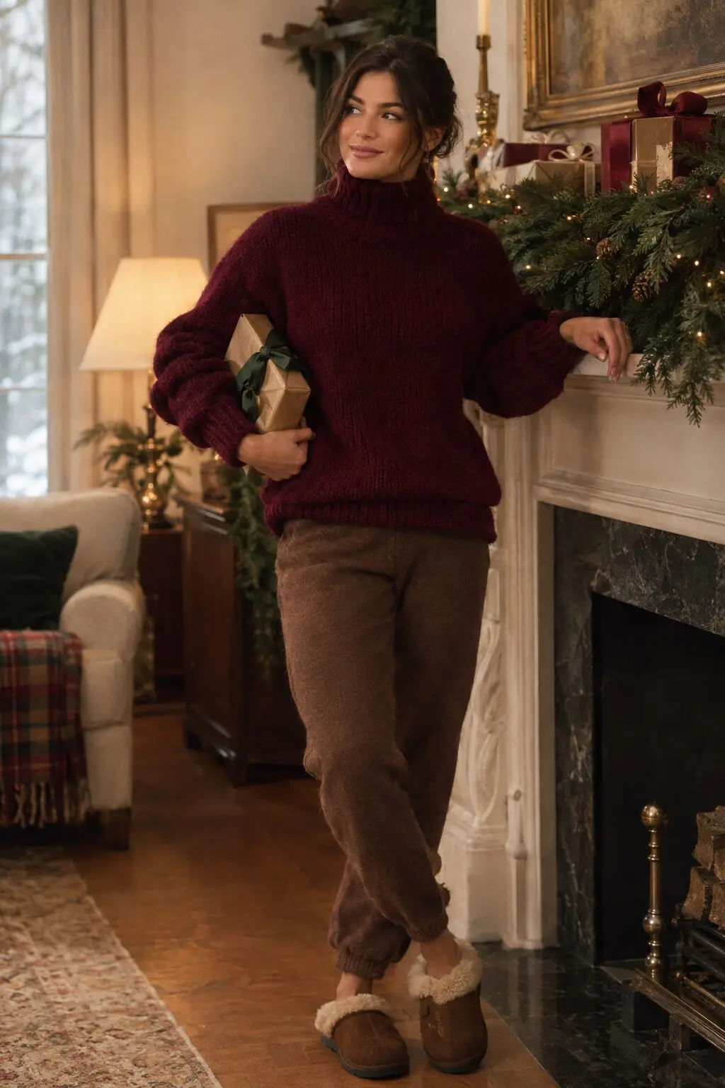 elegant loungewear outfit: burgundy cashmere fisherman turtleneck with brown cashmere sweatpants and shearling clog slippers