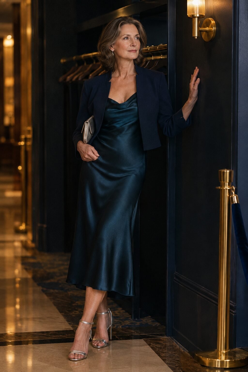 mother of the groom outfit: navy cropped jacket over a stratus blue silk slip dress with metallic silver heels for an evening wedding reception