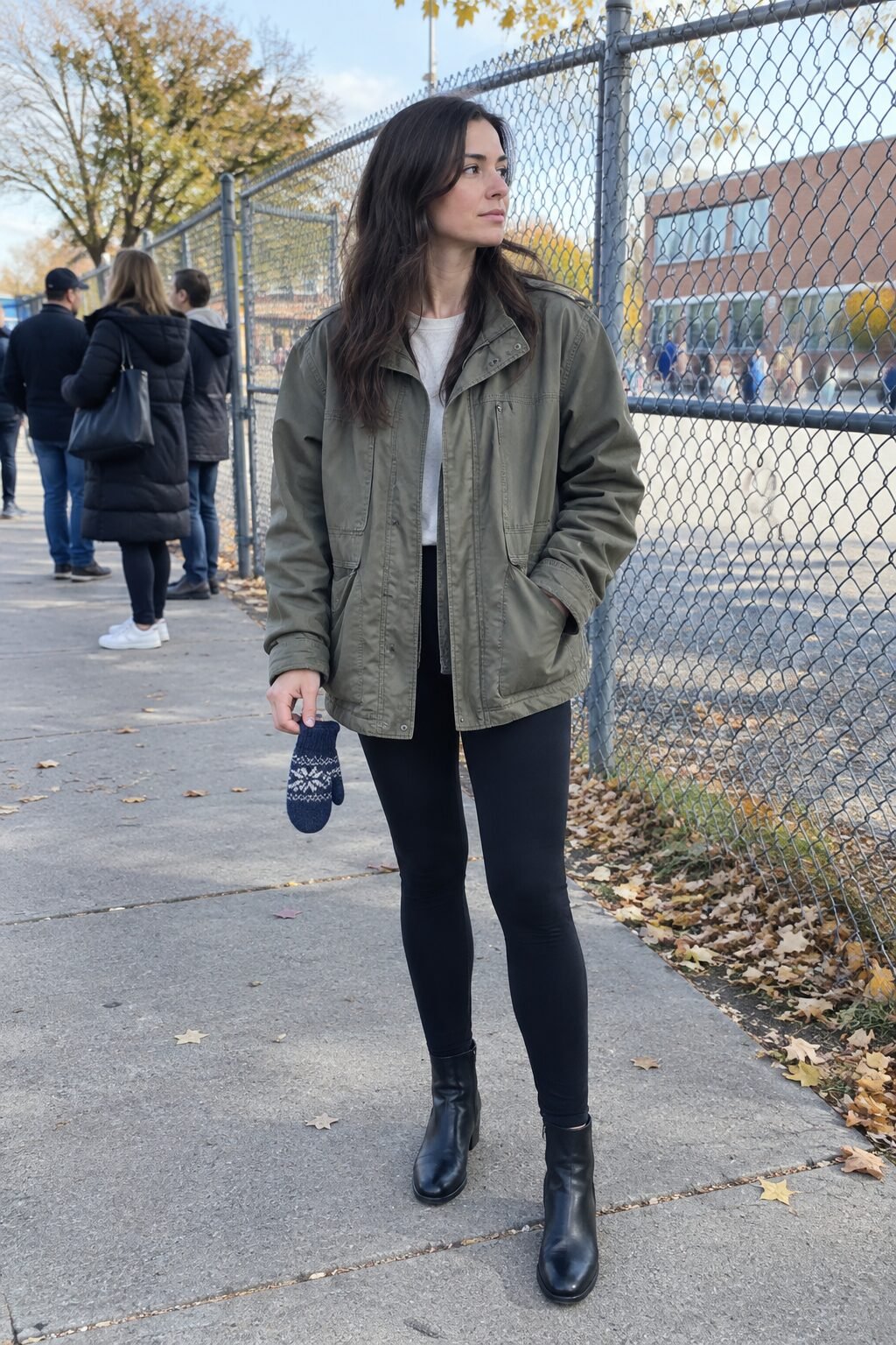 affordable fall outfit under $100: olive cotton utility jacket with black high-waisted leggings and black ankle boots
