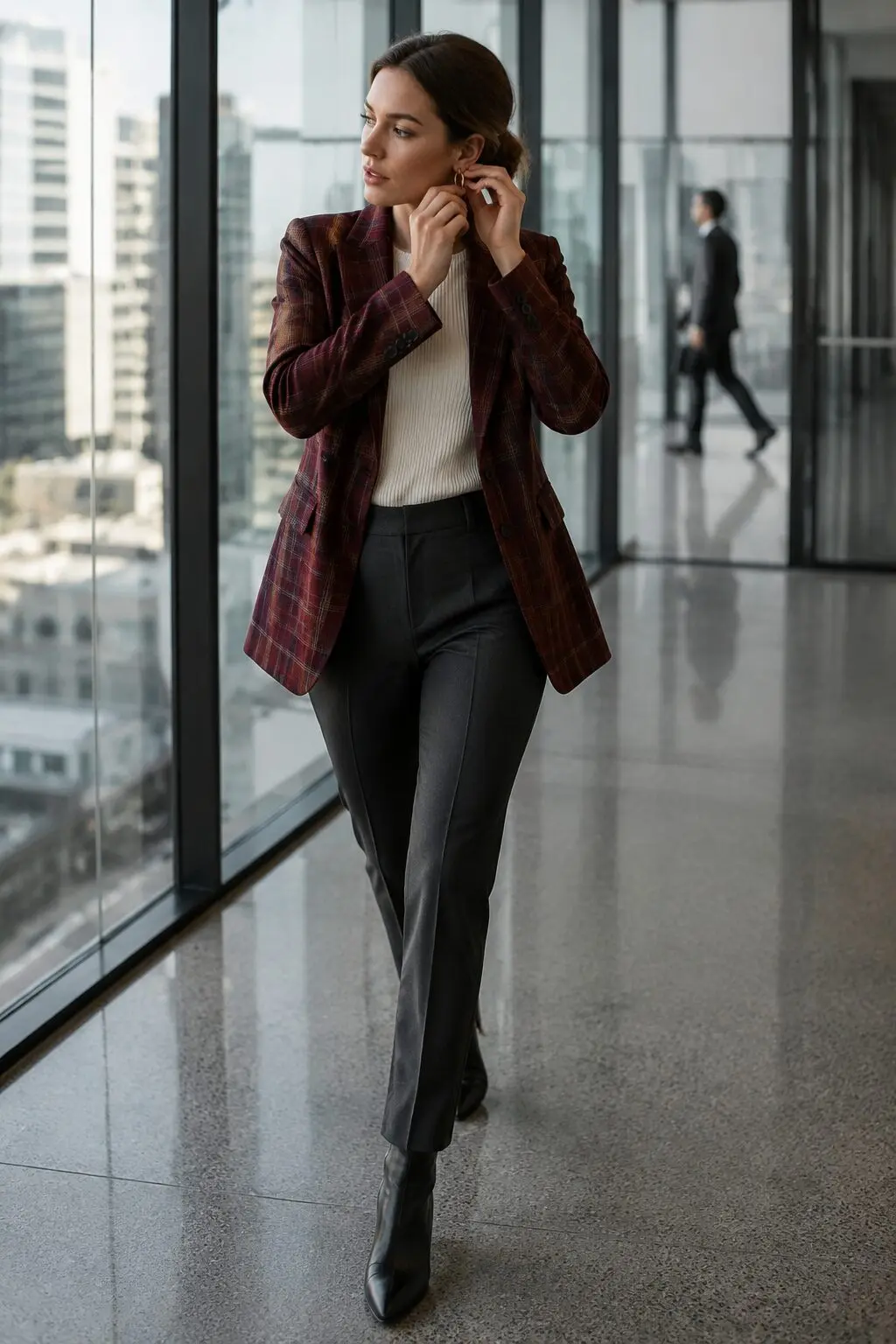 burgundy plaid blazer outfit for a fall work meeting, plaid jacket with charcoal trousers