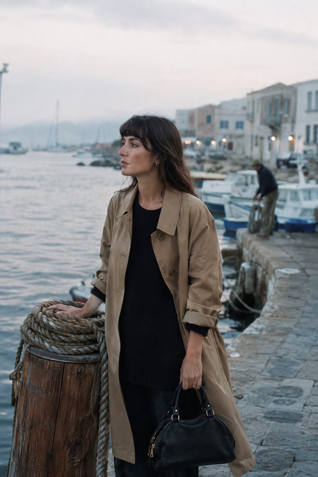elegant Halloween outfit: camel trench coat worn open with a structured black leather bag