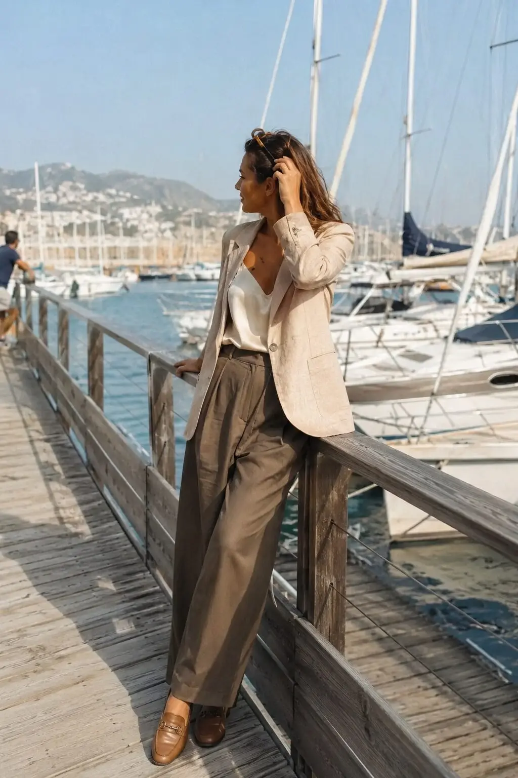 what to wear with brown loafers: stone linen blazer and wide-leg trousers smart-casual outfit
