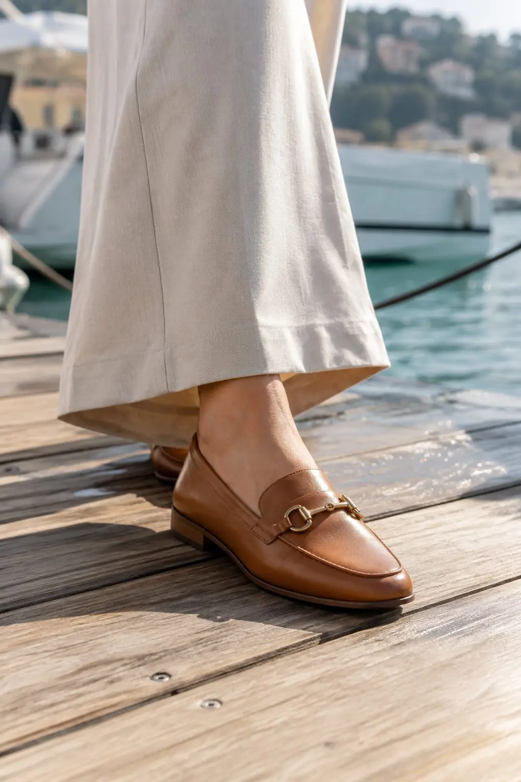 what to wear with brown loafers: stone linen blazer and wide-leg trousers smart-casual outfit