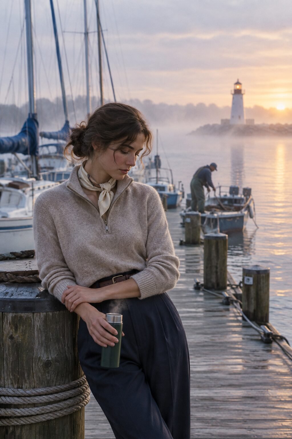 old money boat outfit with heathered oatmeal merino half-zip sweater and a cream silk scarf knotted at the neck
