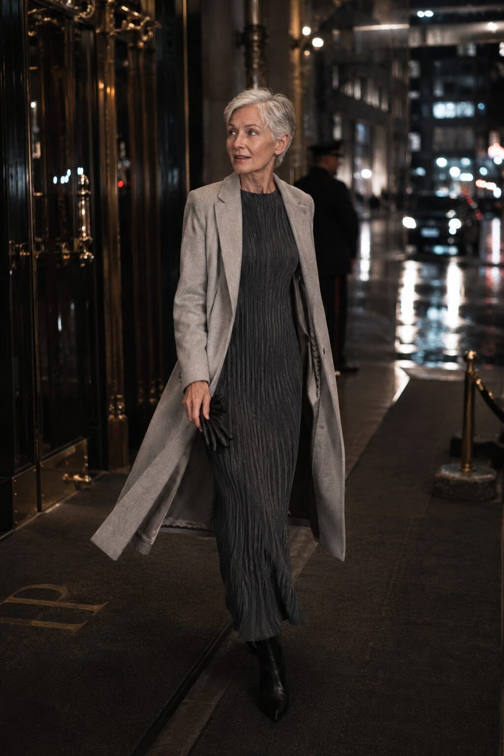 charcoal pleated column maxi dress with brushed silver longline coat, grandmother of the bride outfit for a cold-weather formal wedding