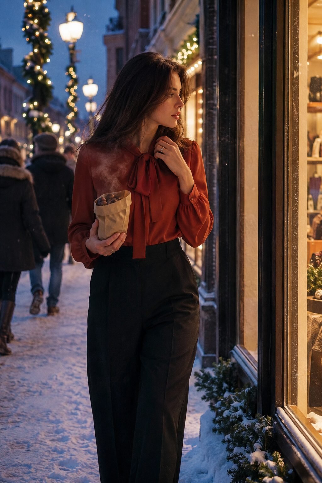 elegant date night outfit: clay-red silk tie-neck blouse with black wide-leg trousers
